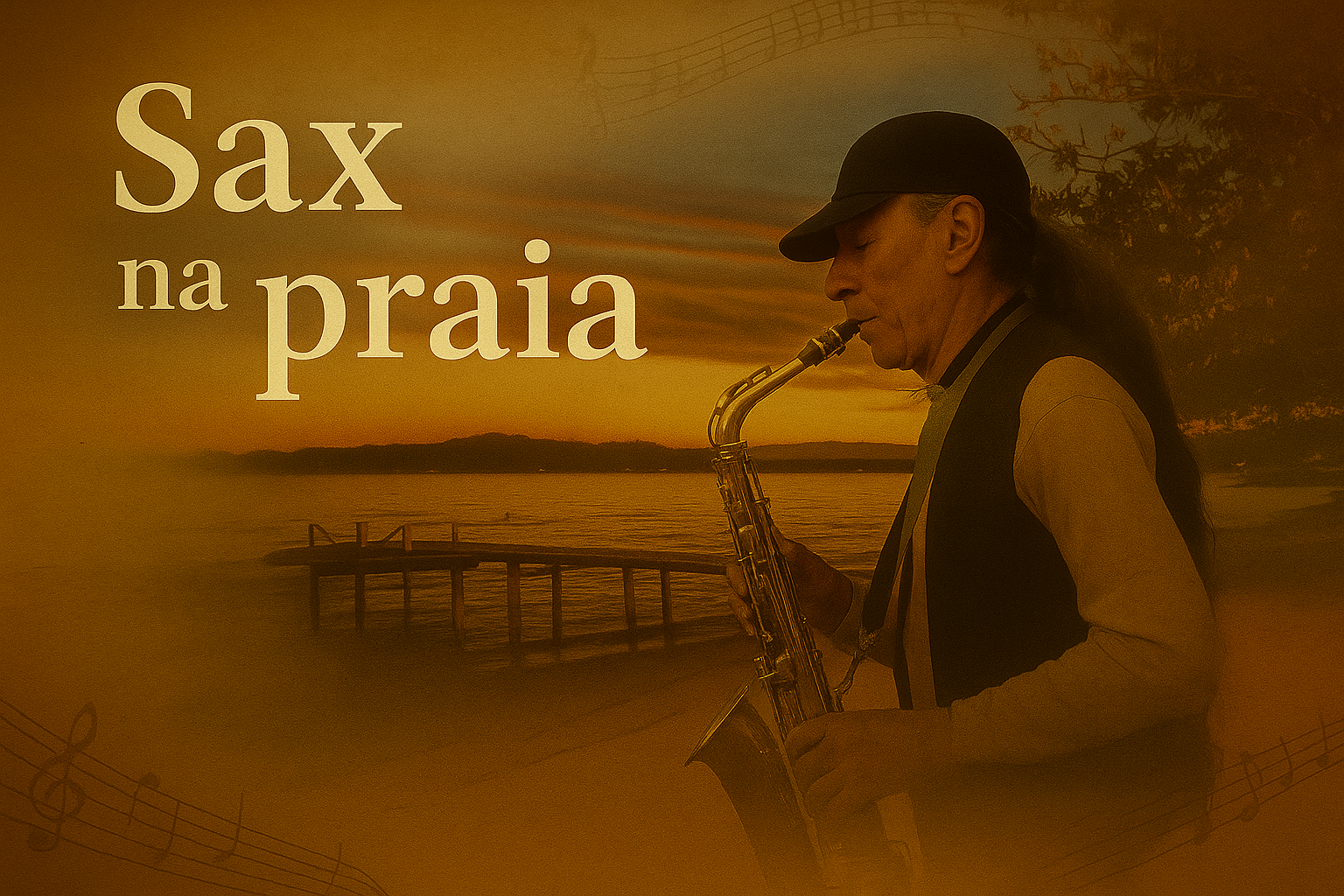 A imagem mostra um saxofonista tocando seu instrumento ao pôr do sol, perto de um píer. 
As palavras "Sax na praia" estão escritas no canto superior esquerdo, em um estilo de fonte 
elegante. O céu está em tons de laranja e amarelo, refletindo na água calma. A cena é emoldurada por notas musicais, sugerindo a atmosfera musical do momento. A paleta de cores é predominantemente marrom-dourada, criando um clima nostálgico e aconchegante. O saxofonista está de perfil, veste uma camisa bege, uma jaqueta e um boné escuro. Ele parece imerso na sua música, enquanto a paisagem tranquila ao fundo realça o ambiente sereno. A imagem tem um filtro que lhe dá uma aparência vintage ou sépia, com uma textura de papel envelhecido, e notas musicais sobrepostas, criando uma atmosfera nostálgica e romântica. A cena transmite uma sensação de paz e tranquilidade. A composição é equilibrada, com o homem como ponto focal e o cenário como um pano de fundo harmonioso. A luz do pôr do sol realça os detalhes do saxofone e o contorno do homem, criando um jogo de luz e sombra que adiciona profundidade à imagem.  A imagem sugere uma cena meditativa e artística, com uma forte ligação entre música e natureza. 
O estilo da imagem sugere uma capa de álbum ou um pôster promocional, evocando um sentimento de tranquilidade e melodia.

